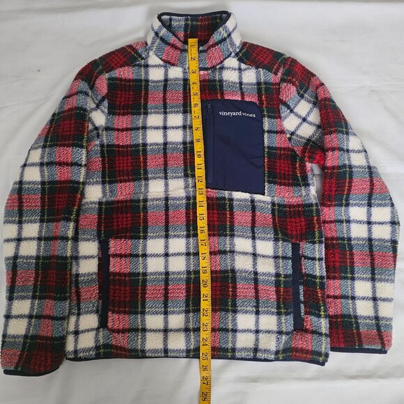 Vineyard Vines Red/Navy Blue Plaid Sherpa Fleece Half Zip Pullover Sweater XS - Picture 13 of 13